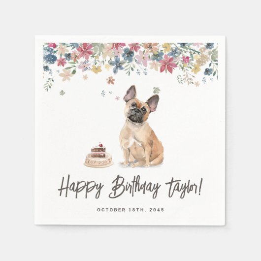 ウオーターカラーフランスのブルドッグバースデーパーティー スタンダードカクテルナプキン (正面)