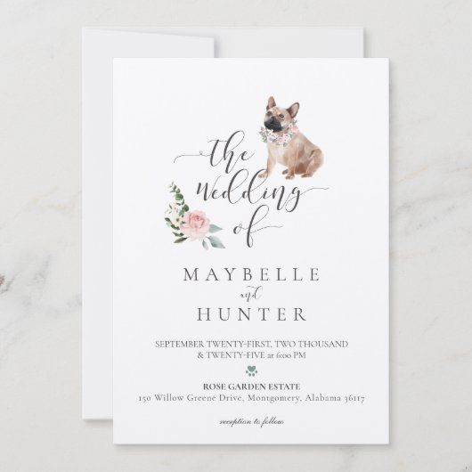 ウオーターカラーフランスのブルドッグペット&フローラピンクローズ 招待状 (正面)