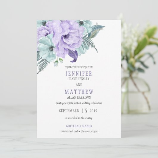 ウオーターカラーミントラベンダーパープルピーニー結婚ズ 招待状 (スタンド正面)