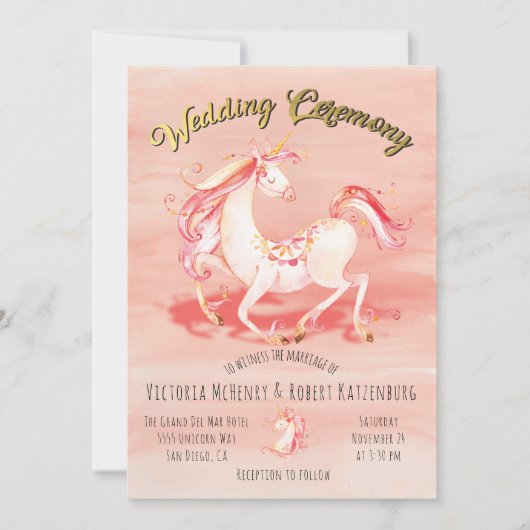 ウオーターカラーユニコーンゴールドフォイル結婚式招待状 招待状 (正面)