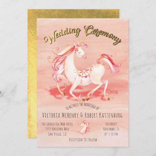 ウオーターカラーユニコーンゴールドフォイル結婚式招待状 招待状 (正面/裏面)