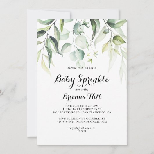 ウオーターカラーユーカリプスグリーンベビー散布 招待状 (正面)