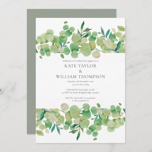 ウオーターカラーユーカリプスグリーン婚約パーティ 招待状 (正面/裏面)