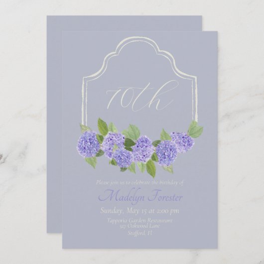 ウオーターカラーラベンダーアジサイ70誕生日 招待状 (正面/裏面)