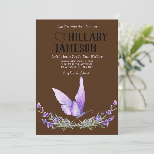 ウオーターカラーラベンダーバタフ結婚ィーズ 招待状 (スタンド正面)
