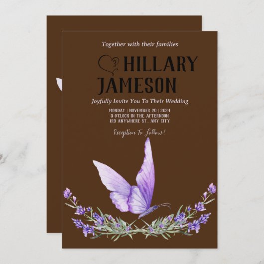 ウオーターカラーラベンダーバタフ結婚ィーズ 招待状 (正面/裏面)