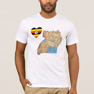 ウガンダの旗のハートおよび地図のTシャツ Tシャツ