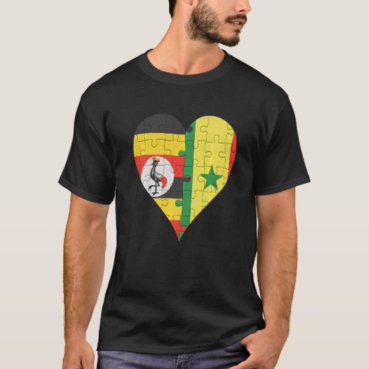 ウガンダセネガル国旗のハート Tシャツ (正面)