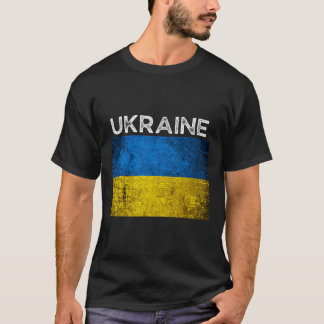 ウクライナという文字が入った黄色と青のウクライナ国旗 ディストレス加工 Tシャツ