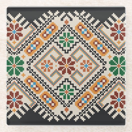 ウクライナのクロスステッチ:民族手作りパターン。 ガラスコースター (正面)