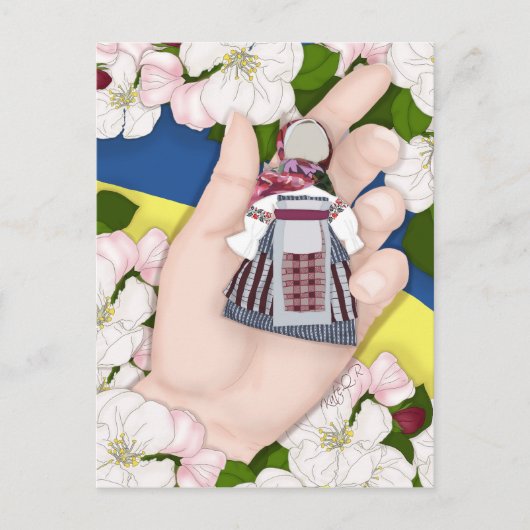 ウクライナのフォークの人形、モタカとリンゴの花。 シーズンポストカード (正面)