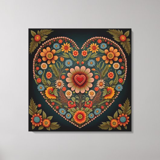ウクライナのフォークアインスパイアート – カラー数々のハート キャンバスプリント (正面)