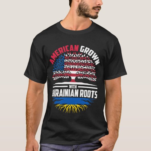 ウクライナのルーツウクライナ国旗Fで栽培されたアメリカ人 Tシャツ (正面)