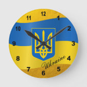 ウクライナの旗と紋章、/ゴールド ラウンド壁時計 (正面)