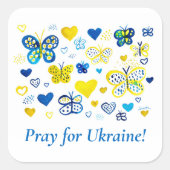 ウクライナを応援!水彩ハートと蝶 スクエアシール (正面)