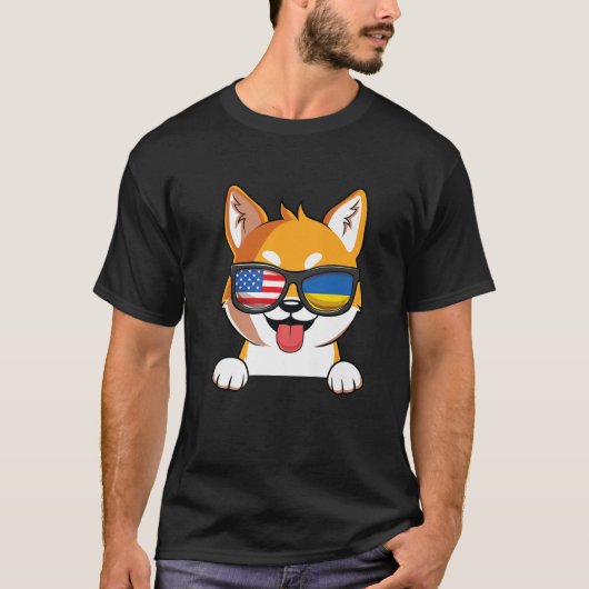 ウクライナアメリカ柴犬ドッグウクライナ米国国旗 Tシャツ (正面)