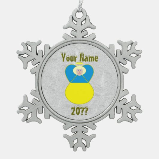 ウクライナエンジェルフラッグブロンドヘア スノーフレークピューターオーナメント (正面)