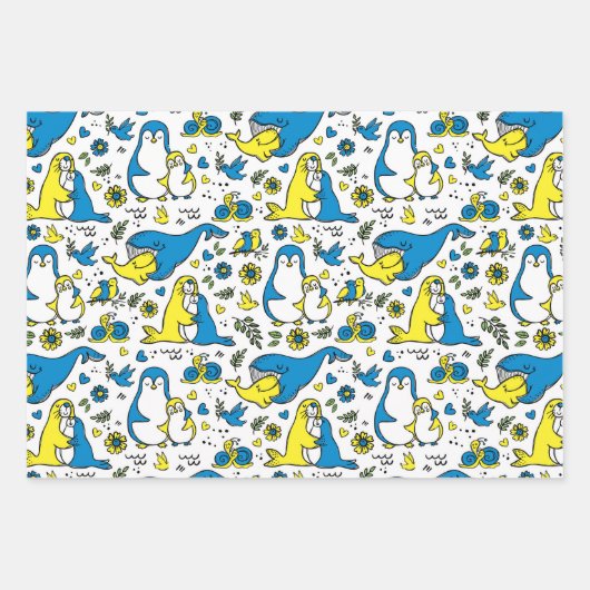 ウクライナキッズブルーイエローホワイトの色 ラッピングペーパーシート (正面2)