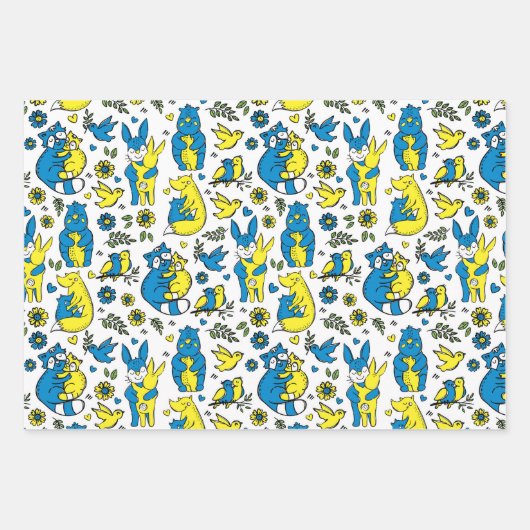 ウクライナキッズブルーイエローホワイトの色 ラッピングペーパーシート (正面)