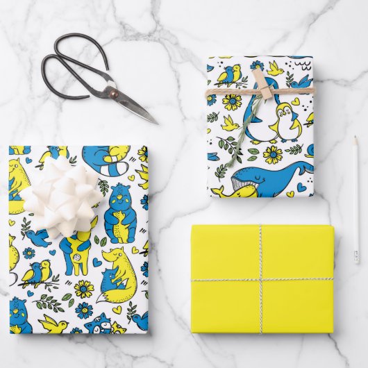 ウクライナキッズブルーイエローホワイトの色 ラッピングペーパーシート (正面)