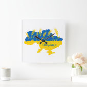 ウクライナタイポグラフィとウクライナ国旗の小麦穂 スクエア壁時計 (ホーム)