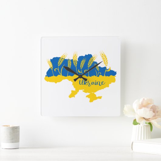ウクライナタイポグラフィとウクライナ国旗の小麦穂 スクエア壁時計 (ホーム)