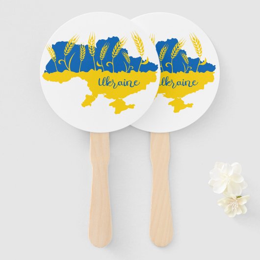ウクライナタイポグラフィとウクライナ国旗の小麦穂 ハンドファン (正面&裏面)