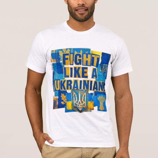 ウクライナ人として戦え。ウクライナの国章 Tシャツ (正面)