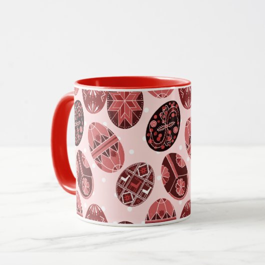 ウクライナ人のイースターエッグの赤パターン マグカップ (正面左)