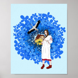 ウクライナ人女性，コウノトリと花 ポスター