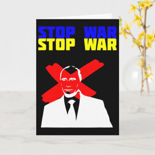 ウクライナ国旗と反プーチンの顔 Stop War カード (黄色い花)