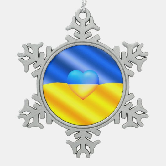 ウクライナ国旗のクリスマス装飾平和の自由 スノーフレークピューターオーナメント (正面)