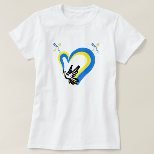 ウクライナ国旗のハートTシャツ平和鳩 – サポート Tシャツ (デザイン正面)