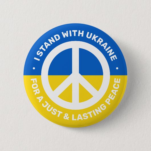 ウクライナ国旗の平和のシンボル私はウクライナと立つ 缶バッジ (正面)