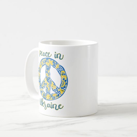 ウクライナ国旗の色の太平洋平和サイン引用文 コーヒーマグカップ (正面左)