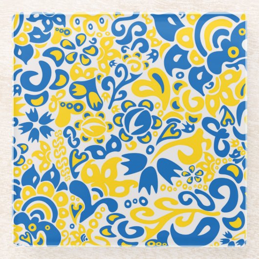 ウクライナ国旗の色を持つ民俗模様 ガラスコースター (正面)