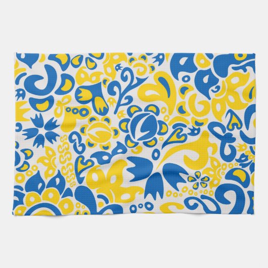 ウクライナ国旗の色を持つ民俗模様 キッチンタオル (横)