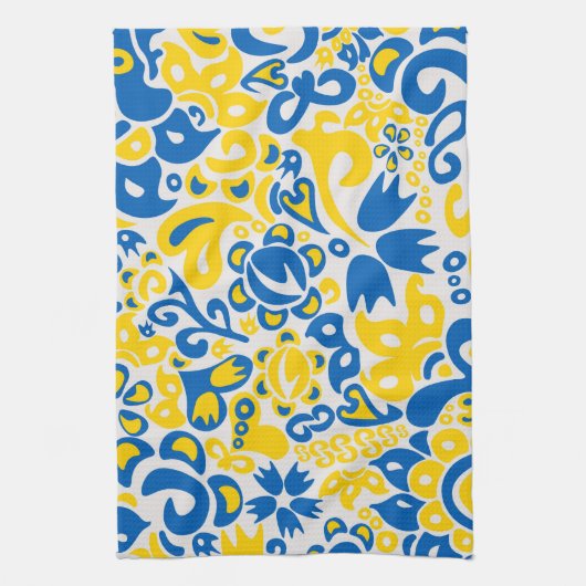 ウクライナ国旗の色を持つ民俗模様 キッチンタオル (縦)