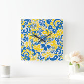 ウクライナ国旗の色を持つ民俗模様 スクエア壁時計 (ホーム)