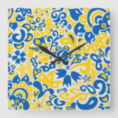 ウクライナ国旗の色を持つ民俗模様 スクエア壁時計 (正面)