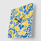 ウクライナ国旗の色を持つ民俗模様 スクエア壁時計 (傾斜)