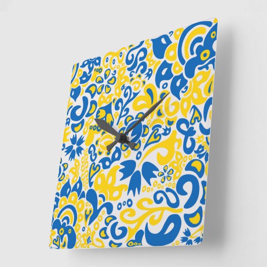 ウクライナ国旗の色を持つ民俗模様 スクエア壁時計 (傾斜)