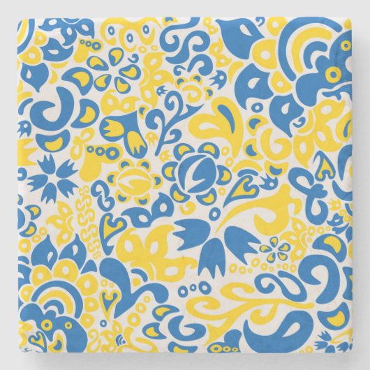 ウクライナ国旗の色を持つ民俗模様 ストーンコースター (正面)