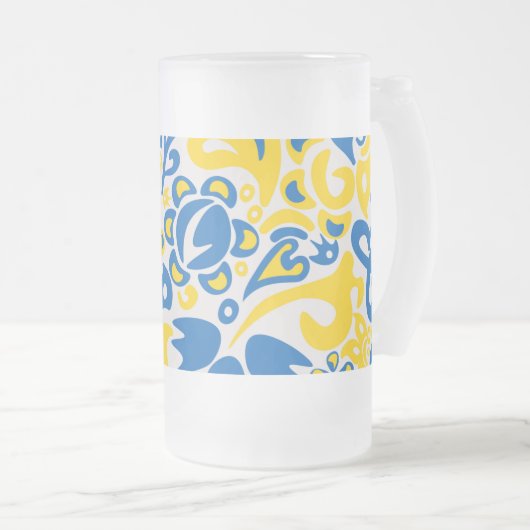 ウクライナ国旗の色を持つ民俗模様 フロストグラスビールジョッキ (正面右)