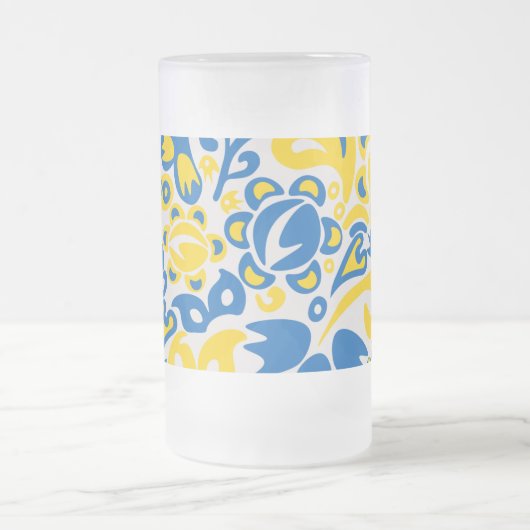 ウクライナ国旗の色を持つ民俗模様 フロストグラスビールジョッキ (中央)