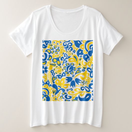 ウクライナ国旗の色を持つ民俗模様 プラスサイズTシャツ (デザイン正面)