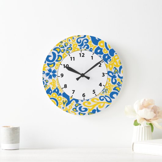 ウクライナ国旗の色を持つ民俗模様 ラージ壁時計 (ホーム)