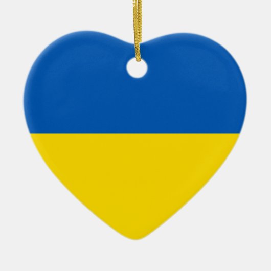 ウクライナ国旗の青い黄色かわいいハート セラミックオーナメント (正面)