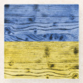 ウクライナ国旗の黄色い青い木のテクスチャパターン ガラスコースター (正面)