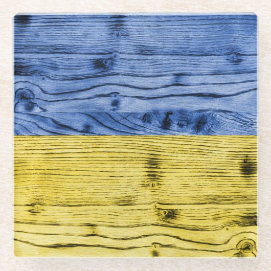 ウクライナ国旗の黄色い青い木のテクスチャパターン ガラスコースター (正面)